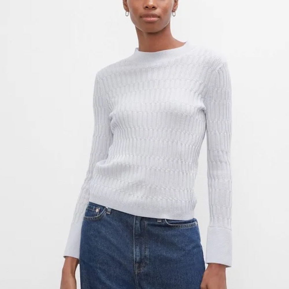 Club Monaco Signature Ribbed Mock Neck Sweater 100% Wool size Small Grey Blue